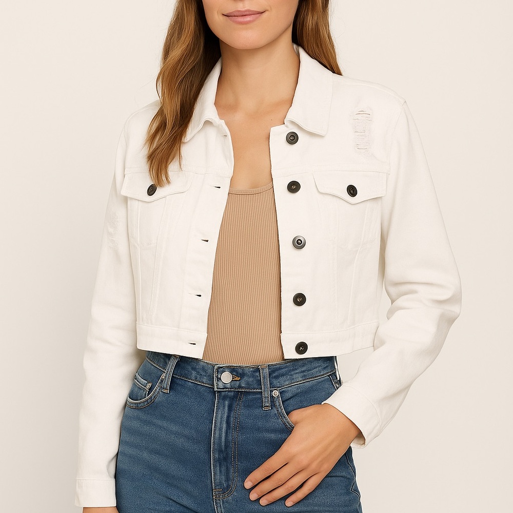 JACK by BB Dakota White Cropped Distressed Denim Jacket  | Size Small